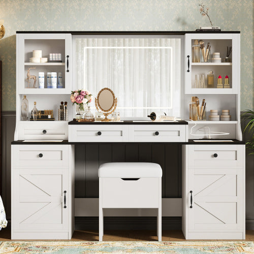 61.5 Farmhouse Vanity Desk With Mirror And LED Lights, Dressing Table With 5 Drawers And 4 Cabinets, Makeup Vanity Table Set With Glass Visual Desktop And Cushion Stool, For Bedroom