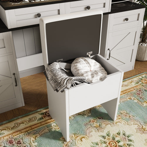 61.5 Farmhouse Vanity Desk With Mirror And LED Lights, Dressing Table With 5 Drawers And 4 Cabinets, Makeup Vanity Table Set With Glass Visual Desktop And Cushion Stool, For Bedroom