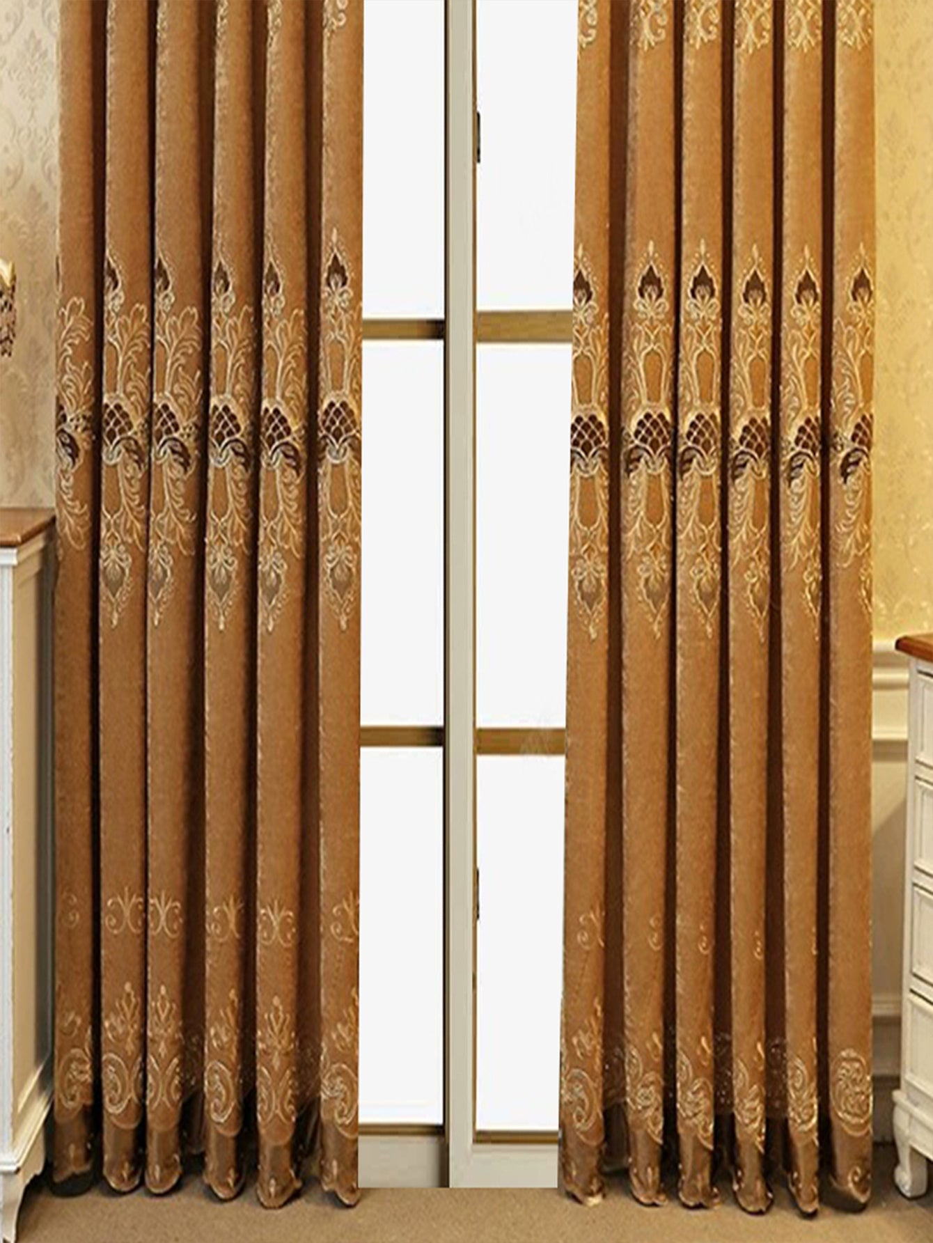 2 Pieces Elegant European Blackout Curtains - Simple Beige Velvet Decor Embroidery, UV Protection, Machine Washable Living Room And Bedroom, Light Control