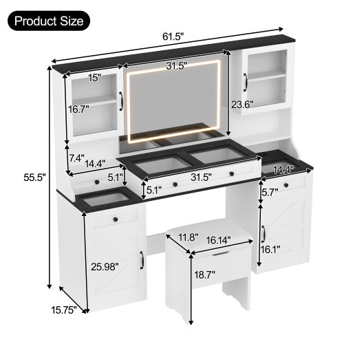61.5 Farmhouse Vanity Desk With Mirror And LED Lights, Dressing Table With 5 Drawers And 4 Cabinets, Makeup Vanity Table Set With Glass Visual Desktop And Cushion Stool, For Bedroom