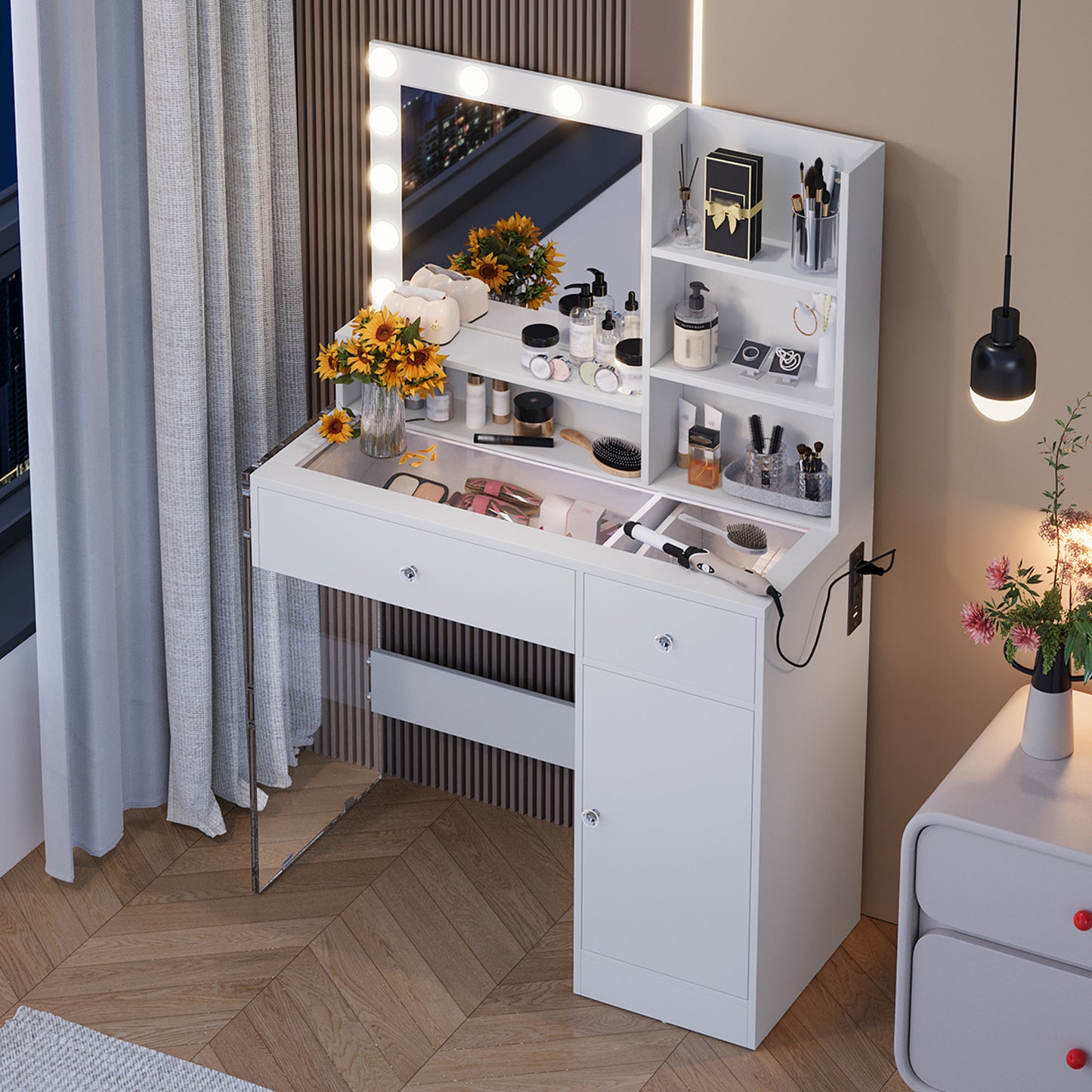 Vanity Desk With Mirror And 3 Lighting Modes, Makeup Vanity With Glass Top And Storage Shelves, Dressing Table With 2 Drawers And Cabinet