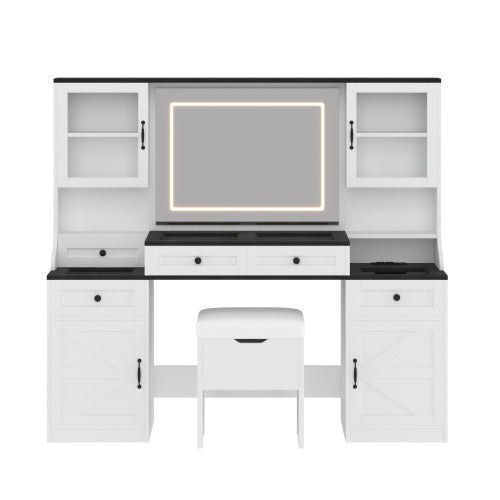 61.5 Farmhouse Vanity Desk With Mirror And LED Lights, Dressing Table With 5 Drawers And 4 Cabinets, Makeup Vanity Table Set With Glass Visual Desktop And Cushion Stool, For Bedroom