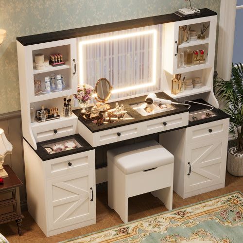 61.5 Farmhouse Vanity Desk With Mirror And LED Lights, Dressing Table With 5 Drawers And 4 Cabinets, Makeup Vanity Table Set With Glass Visual Desktop And Cushion Stool, For Bedroom