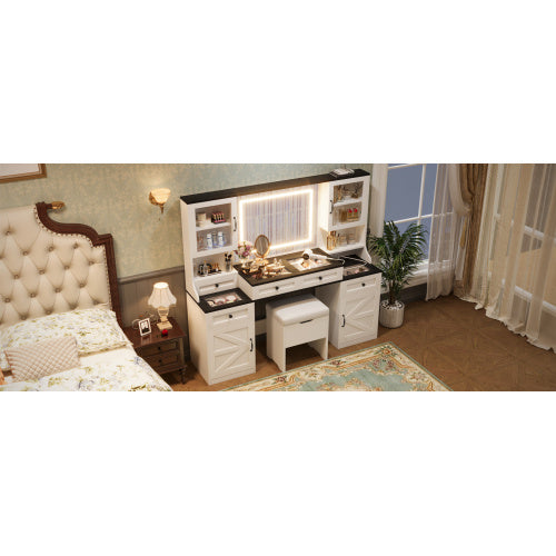 61.5 Farmhouse Vanity Desk With Mirror And LED Lights, Dressing Table With 5 Drawers And 4 Cabinets, Makeup Vanity Table Set With Glass Visual Desktop And Cushion Stool, For Bedroom