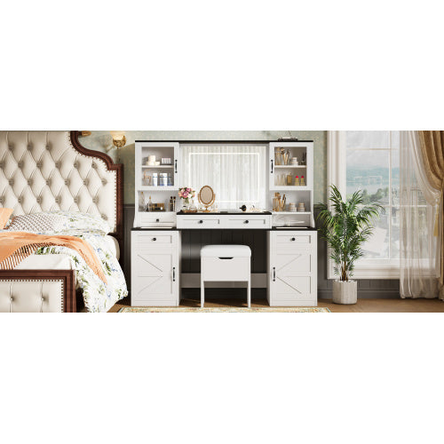 61.5 Farmhouse Vanity Desk With Mirror And LED Lights, Dressing Table With 5 Drawers And 4 Cabinets, Makeup Vanity Table Set With Glass Visual Desktop And Cushion Stool, For Bedroom