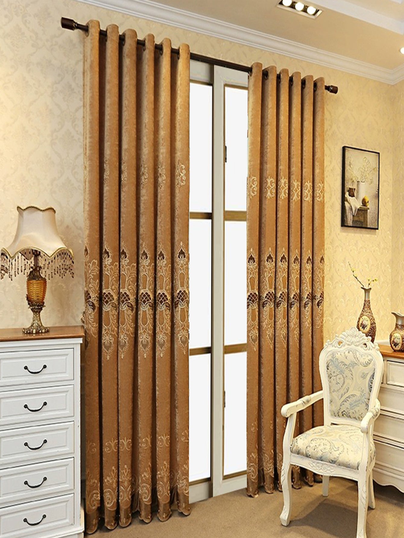 2 Pieces Elegant European Blackout Curtains - Simple Beige Velvet Decor Embroidery, UV Protection, Machine Washable Living Room And Bedroom, Light Control