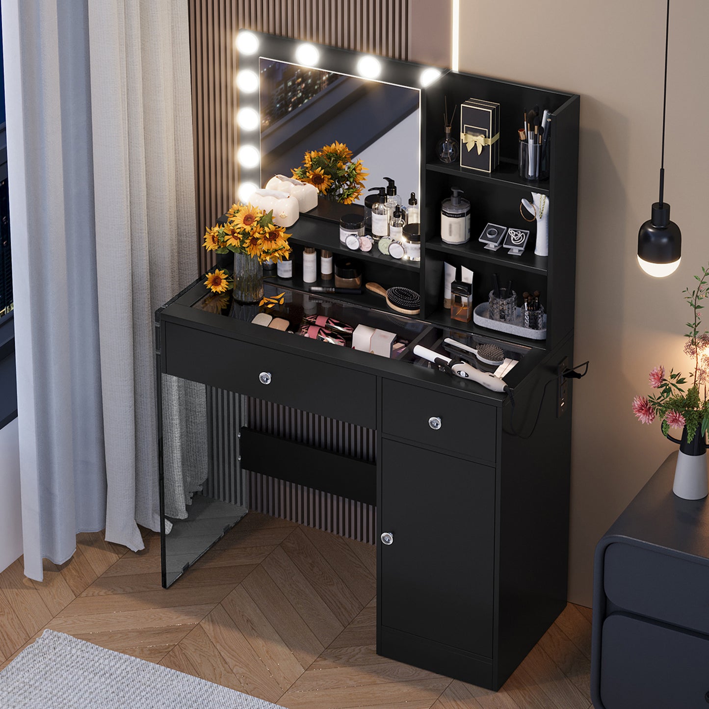 Vanity Desk With Mirror And 3 Lighting Modes, Makeup Vanity With Glass Top And Storage Shelves, Dressing Table With 2 Drawers And Cabinet