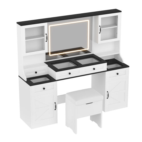 61.5 Farmhouse Vanity Desk With Mirror And LED Lights, Dressing Table With 5 Drawers And 4 Cabinets, Makeup Vanity Table Set With Glass Visual Desktop And Cushion Stool, For Bedroom