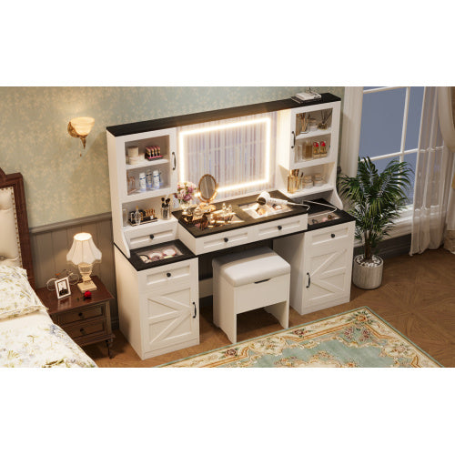 61.5 Farmhouse Vanity Desk With Mirror And LED Lights, Dressing Table With 5 Drawers And 4 Cabinets, Makeup Vanity Table Set With Glass Visual Desktop And Cushion Stool, For Bedroom
