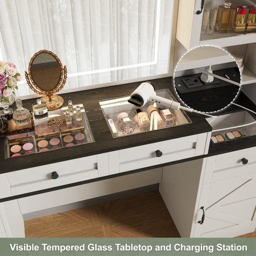61.5 Farmhouse Vanity Desk With Mirror And LED Lights, Dressing Table With 5 Drawers And 4 Cabinets, Makeup Vanity Table Set With Glass Visual Desktop And Cushion Stool, For Bedroom